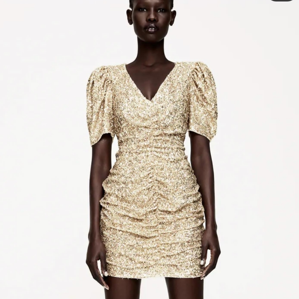 ZARA LIMITED EDITION DRAPED SEQUIN GOLD DRESS - Picture 7 of 16